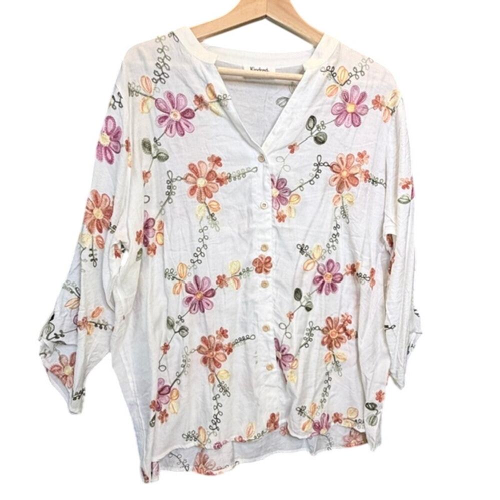 Kindred Anthropologie Size 2X Bohemian Boho Embroidered White Floral Blouse - Picture 1 of 8
